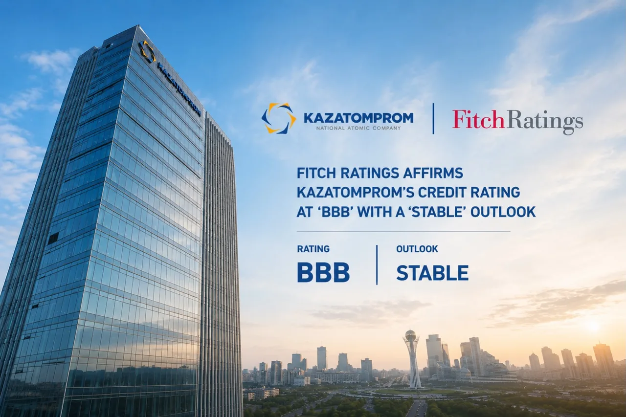 Kazatomprom headquarters in Astana and the BBB rating from Fitch Ratings